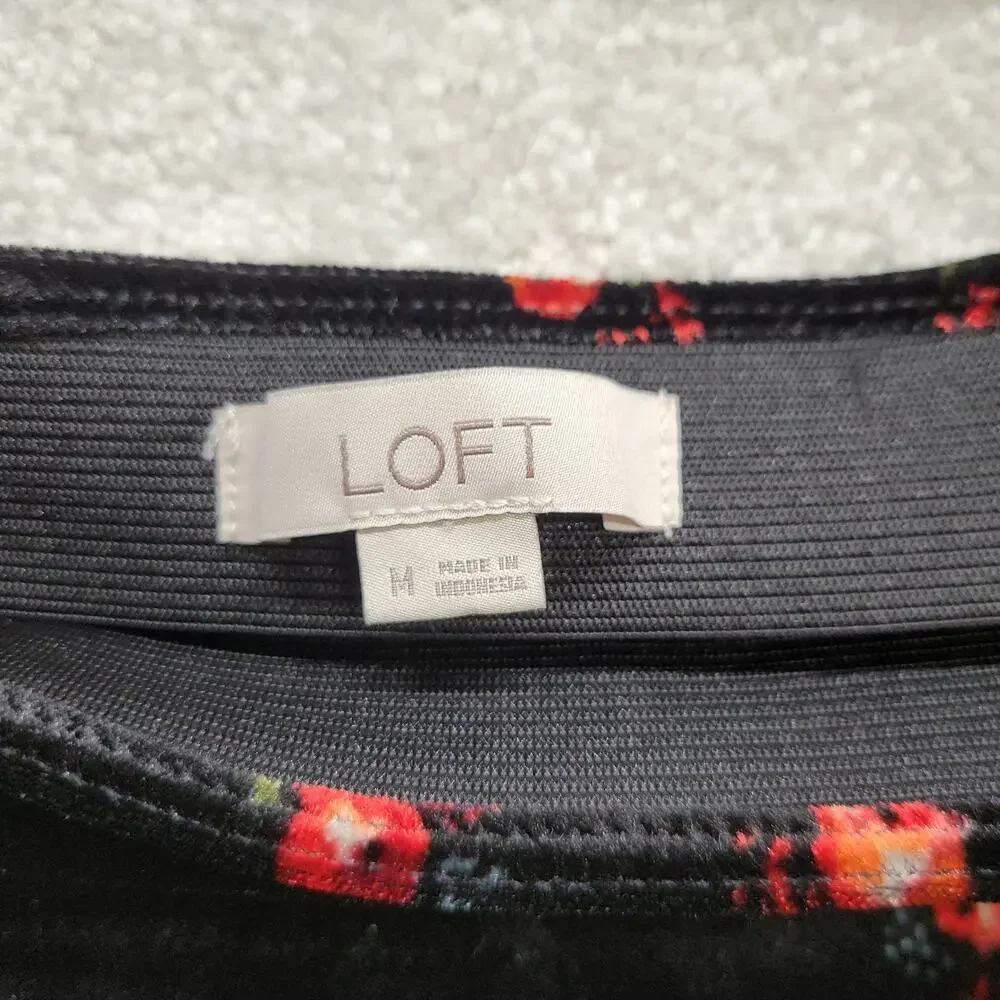 LOFT Womens M Black Velvet Midi Skirt Red Floral Burnout A-Line Holiday Y2K